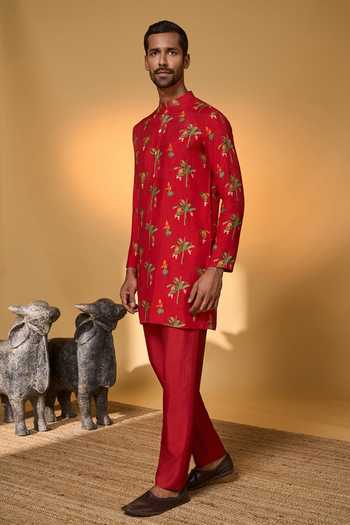 Masaba_Red Silk Tropical Print Kurta Set _at_Aza_Fashions