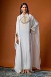 Buy_RAYASHA KHAN_White Crepe Embroidery, Zari Collared Nourah Kaftan _at_Aza_Fashions