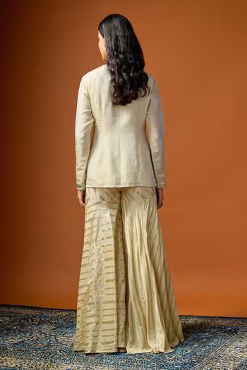Shop_RAYASHA KHAN_Beige Silk, Tissue Embroidery Split V-neck Ziya Kurta And Gharara Set _at_Aza_Fashions