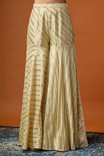 Buy_RAYASHA KHAN_Beige Silk, Tissue Embroidery Split V-neck Ziya Kurta And Gharara Set _Online_at_Aza_Fashions