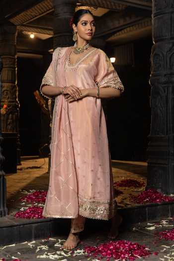 Shop_Monk & Mei By Sonia Anand_Pink Silk, Tissue Zari, Embroidery V-neck Manya Embellished Kurta Set _at_Aza_Fashions