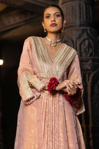 Shop_Monk & Mei By Sonia Anand_Pink Silk, Tissue Embroidery, Sequins, Gota Bhavya Embellished Kurta And Pant Set _at_Aza_Fashions