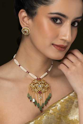 Buy_Joules by Radhika_Multi Color Beads, Pearls, Stones Polki Embellished Necklace Set _at_Aza_Fashions