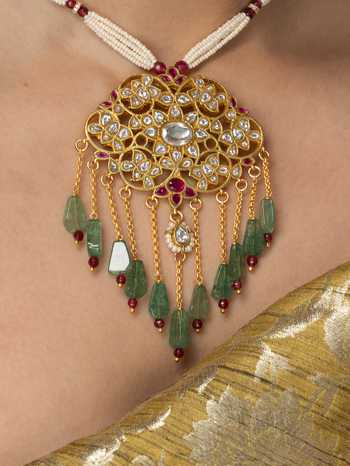 Joules by Radhika_Multi Color Beads, Pearls, Stones Polki Embellished Necklace Set _at_Aza_Fashions