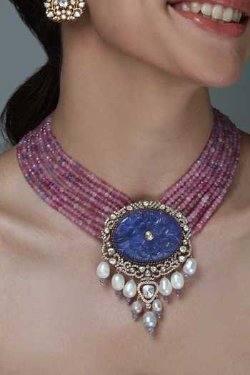 Shop_Joules by Radhika_Pink Beads, Pearls, Stones And Lapis Lazuli Pendant Necklace Set _at_Aza_Fashions