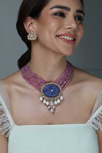 Buy_Joules by Radhika_Pink Beads, Pearls, Stones And Lapis Lazuli Pendant Necklace Set _at_Aza_Fashions