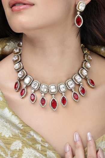 Shop_Joules by Radhika_White Stones, Crystals Ruby Teardrop Halo Necklace Set _at_Aza_Fashions
