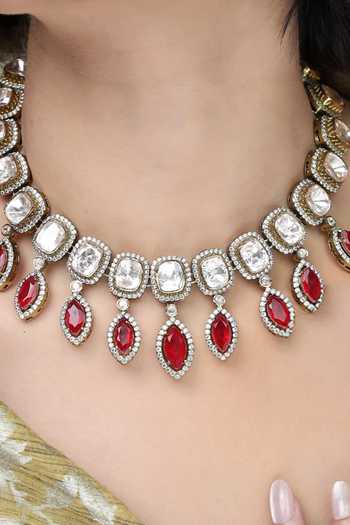 Joules by Radhika_White Stones, Crystals Ruby Teardrop Halo Necklace Set _Online_at_Aza_Fashions