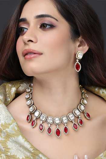 Buy_Joules by Radhika_White Stones, Crystals Ruby Teardrop Halo Necklace Set _at_Aza_Fashions