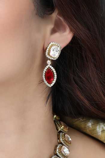 Buy_Joules by Radhika_White Stones, Crystals Ruby Teardrop Halo Necklace Set _Online_at_Aza_Fashions
