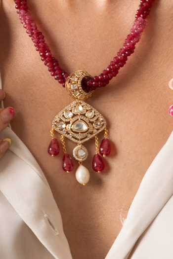 Joules by Radhika_Gold Plated Beads, Pearls, Stones Twisted Red Embellished Necklace Set _Online_at_Aza_Fashions