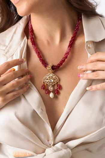 Shop_Joules by Radhika_Gold Plated Beads, Pearls, Stones Twisted Red Embellished Necklace Set _at_Aza_Fashions