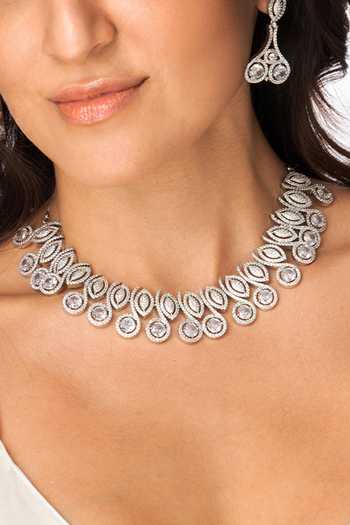 Shop_Joules by Radhika_Silver Plated Stones Radiant Pave Petal Necklace Set _at_Aza_Fashions