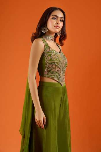Buy_Samyukta Singhania_Green Silk, Viscose, Net Embroidery, Stones, Mirrors Hand Work Top Palazzo Set _Online_at_Aza_Fashions