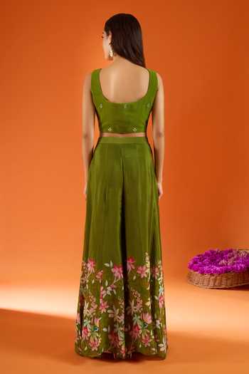 Samyukta Singhania_Green Silk, Viscose, Net Embroidery, Stones, Mirrors Hand Work Top Palazzo Set _Online_at_Aza_Fashions