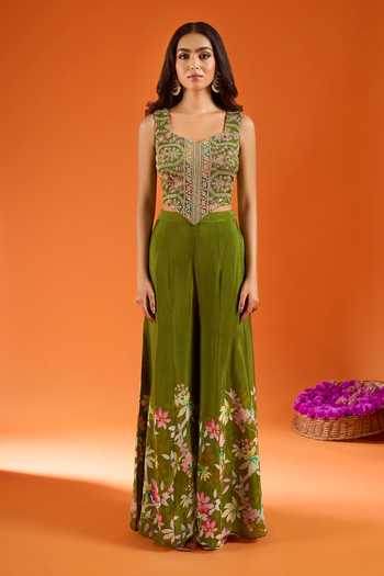 Samyukta Singhania_Green Silk, Viscose, Net Embroidery, Stones, Mirrors Hand Work Top Palazzo Set _at_Aza_Fashions