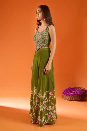 Shop_Samyukta Singhania_Green Silk, Viscose, Net Embroidery, Stones, Mirrors Hand Work Top Palazzo Set 