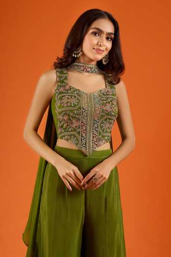 Samyukta Singhania_Green Silk, Viscose, Net Embroidery, Stones, Mirrors Hand Work Top Palazzo Set _Online