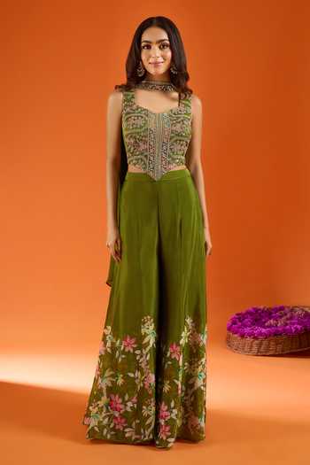 Buy_Samyukta Singhania_Green Silk, Viscose, Net Embroidery, Stones, Mirrors Hand Work Top Palazzo Set _Online