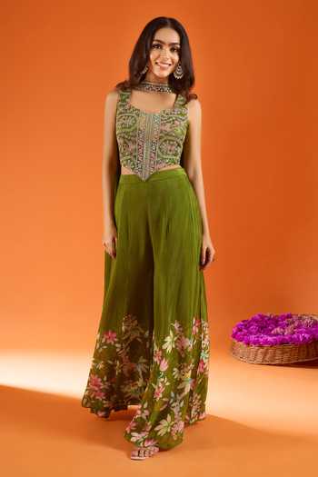 Shop_Samyukta Singhania_Green Silk, Viscose, Net Embroidery, Stones, Mirrors Hand Work Top Palazzo Set _at_Aza_Fashions