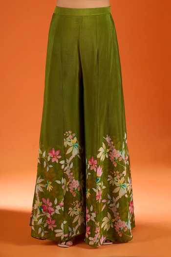 Shop_Samyukta Singhania_Green Silk, Viscose, Net Embroidery, Stones, Mirrors Hand Work Top Palazzo Set _Online