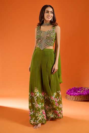 Samyukta Singhania_Green Silk, Viscose, Net Embroidery, Stones, Mirrors Hand Work Top Palazzo Set 