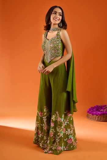 Samyukta Singhania_Green Silk, Viscose, Net Embroidery, Stones, Mirrors Hand Work Top Palazzo Set 