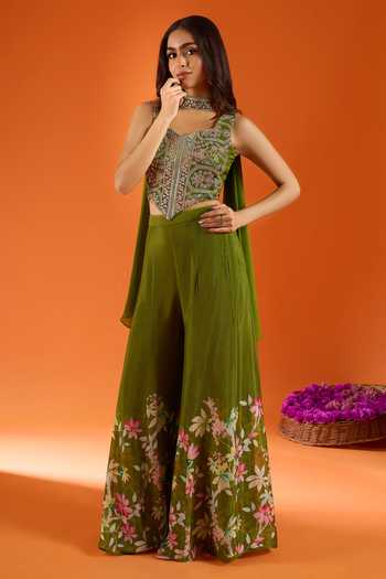 Samyukta Singhania_Green Silk, Viscose, Net Embroidery, Stones, Mirrors Hand Work Top Palazzo Set 