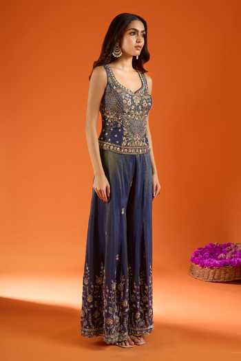 Buy_Samyukta Singhania_Blue Silk Zari V-, Sweetheart Embroidered Kurta Sharara Set _Online_at_Aza_Fashions