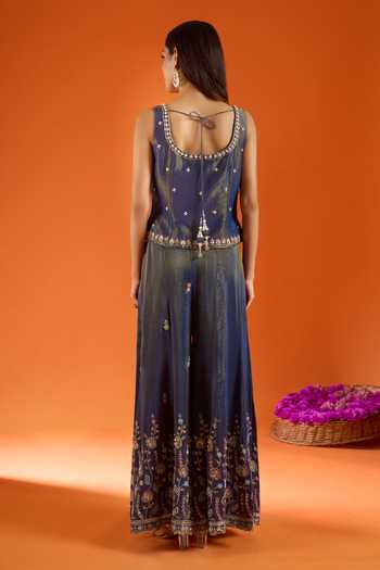 Samyukta Singhania_Blue Silk Zari V-, Sweetheart Embroidered Kurta Sharara Set _Online_at_Aza_Fashions