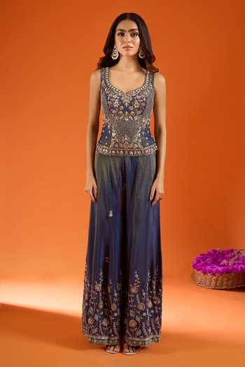 Shop_Samyukta Singhania_Blue Silk Zari V-, Sweetheart Embroidered Kurta Sharara Set _Online_at_Aza_Fashions