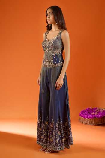 Samyukta Singhania_Blue Silk Zari V-, Sweetheart Embroidered Kurta Sharara Set _at_Aza_Fashions