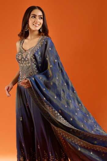 Buy_Samyukta Singhania_Blue Silk Zari V-, Sweetheart Embroidered Kurta Sharara Set 
