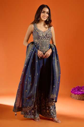 Shop_Samyukta Singhania_Blue Silk Zari V-, Sweetheart Embroidered Kurta Sharara Set 