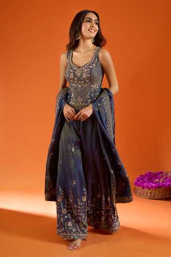 Samyukta Singhania_Blue Silk Zari V-, Sweetheart Embroidered Kurta Sharara Set _Online