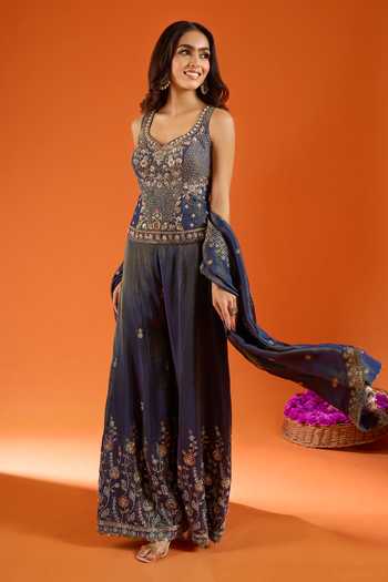 Buy_Samyukta Singhania_Blue Silk Zari V-, Sweetheart Embroidered Kurta Sharara Set _Online