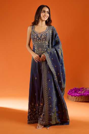 Shop_Samyukta Singhania_Blue Silk Zari V-, Sweetheart Embroidered Kurta Sharara Set _at_Aza_Fashions