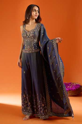 Shop_Samyukta Singhania_Blue Silk Zari V-, Sweetheart Embroidered Kurta Sharara Set _Online