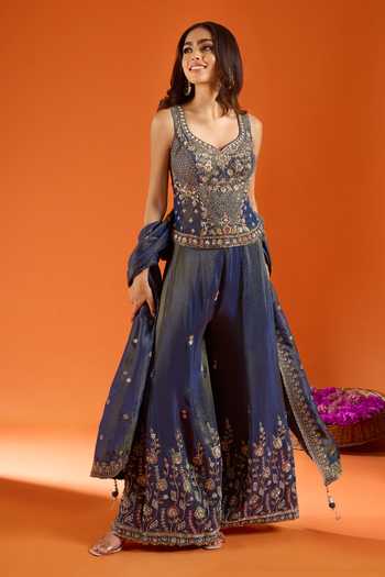 Samyukta Singhania_Blue Silk Zari V-, Sweetheart Embroidered Kurta Sharara Set 