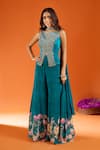Buy_Samyukta Singhania_Green Silk Embroidery Round Neck Top Sharara Set 