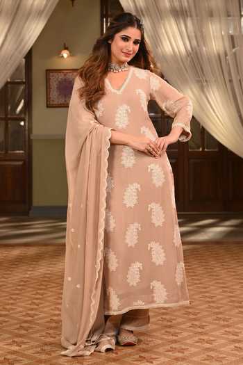 Buy_Karaj Jaipur_Beige Georgette, Shantoon Embroidery V-neck, Yes Hand Kurta Set _Online_at_Aza_Fashions