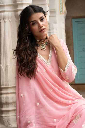 Shop_Karaj Jaipur_Pink Georgette, Shantoon Embroidery V-neck Hand Kurta Set _Online_at_Aza_Fashions