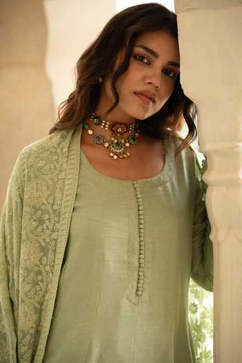 Buy_Karaj Jaipur_Green Silk, Georgette, Shantoon Embroidery Round Neck Buttoned Yoke Anarkali Set _Online_at_Aza_Fashions