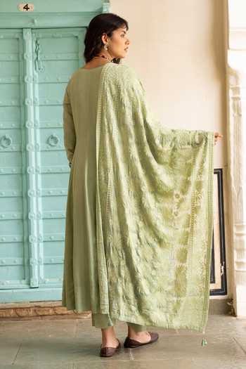 Shop_Karaj Jaipur_Green Silk, Georgette, Shantoon Embroidery Round Neck Buttoned Yoke Anarkali Set _at_Aza_Fashions