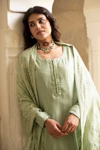 Karaj Jaipur_Green Silk, Georgette, Shantoon Embroidery Round Neck Buttoned Yoke Anarkali Set _at_Aza_Fashions