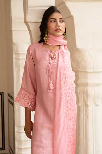 Shop_Karaj Jaipur_Pink Silk, Organza Embroidery Round Neck, Yes Hand Kurta Set _Online_at_Aza_Fashions
