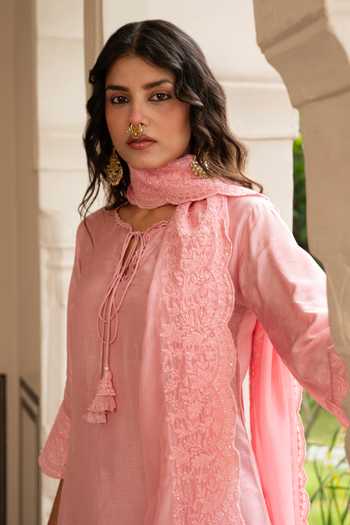 Karaj Jaipur_Pink Silk, Organza Embroidery Round Neck, Yes Hand Kurta Set _at_Aza_Fashions