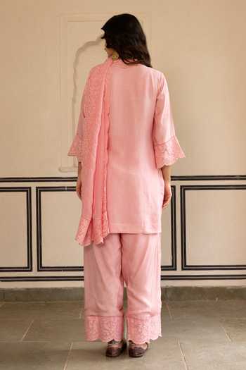 Shop_Karaj Jaipur_Pink Silk, Organza Embroidery Round Neck, Yes Hand Kurta Set _at_Aza_Fashions