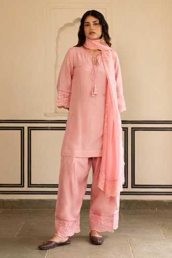 Buy_Karaj Jaipur_Pink Silk, Organza Embroidery Round Neck, Yes Hand Kurta Set 