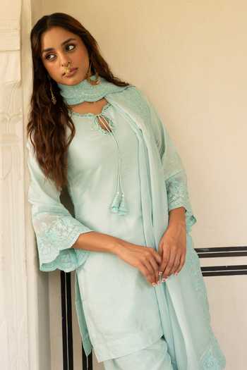 Shop_Karaj Jaipur_Blue Silk, Organza Embroidery Keyhole Neck, Yes Hand Kurta Set _Online_at_Aza_Fashions